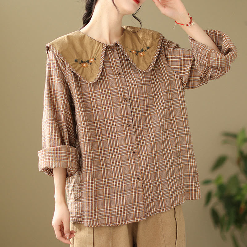 Embroidered Plaid Pattern Cotton Women's Shirt