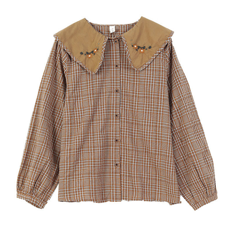 Embroidered Plaid Pattern Cotton Women's Shirt