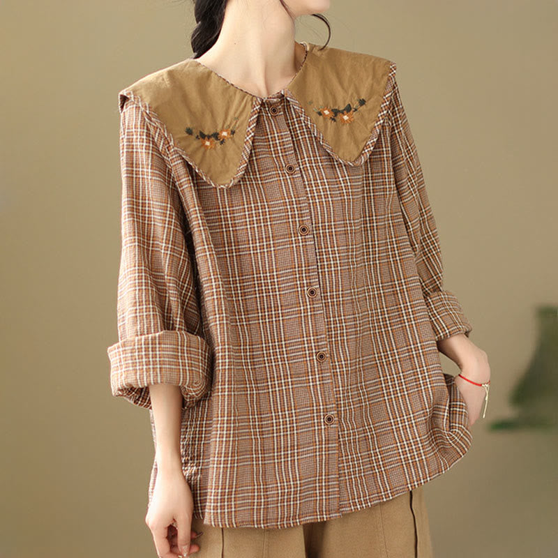 Embroidered Plaid Pattern Cotton Women's Shirt