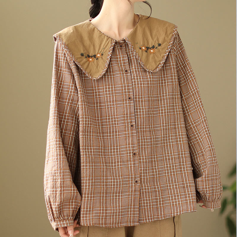 Embroidered Plaid Pattern Cotton Women's Shirt