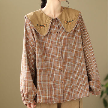 Embroidered Plaid Pattern Cotton Women's Shirt