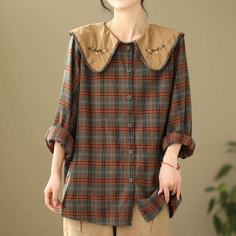 Embroidered Plaid Pattern Cotton Women's Shirt