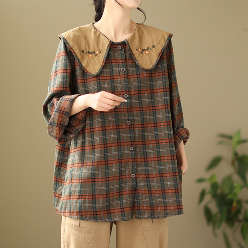 Embroidered Plaid Pattern Cotton Women's Shirt