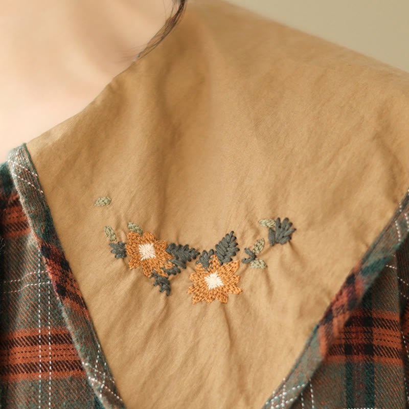 Embroidered Plaid Pattern Cotton Women's Shirt
