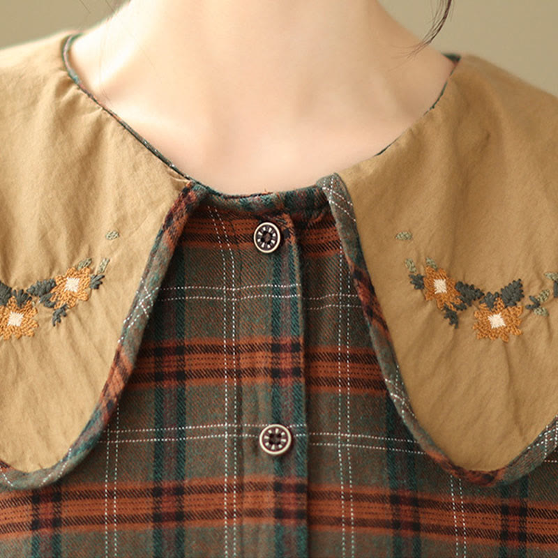 Embroidered Plaid Pattern Cotton Women's Shirt