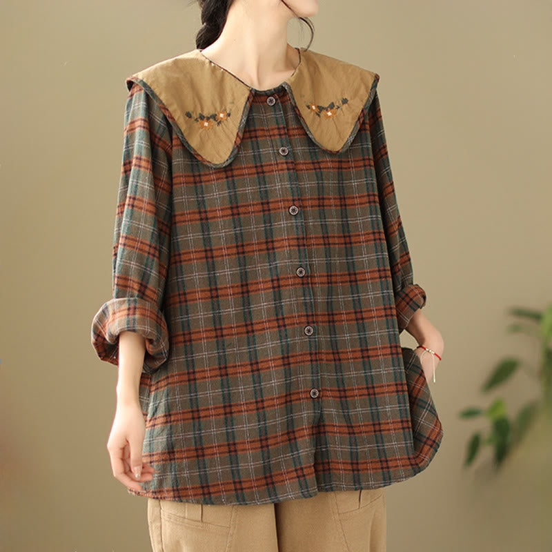 Embroidered Plaid Pattern Cotton Women's Shirt