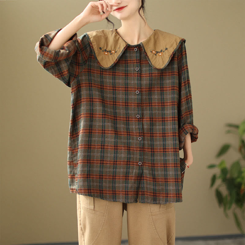 Embroidered Plaid Pattern Cotton Women's Shirt
