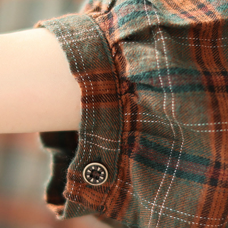 Embroidered Plaid Pattern Cotton Women's Shirt