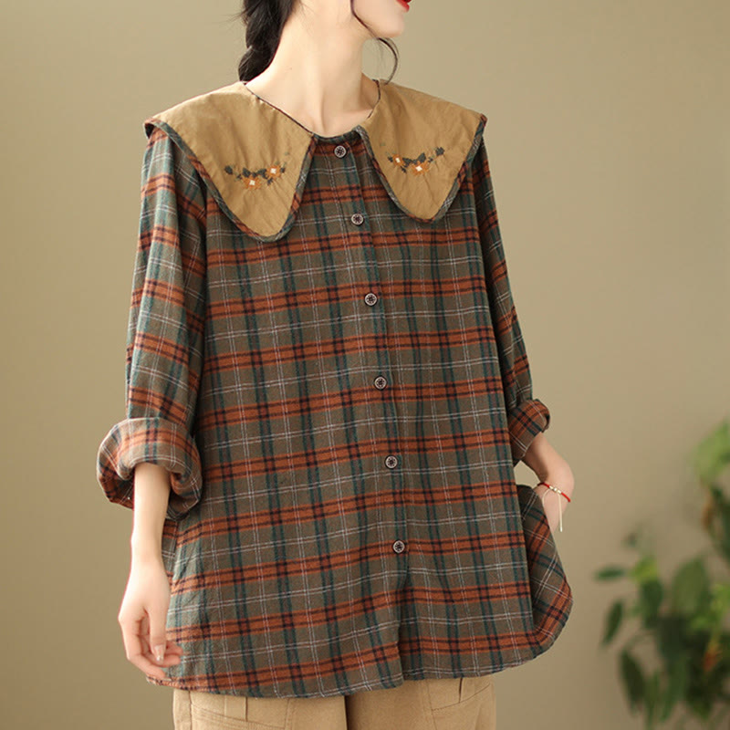 Embroidered Plaid Pattern Cotton Women's Shirt