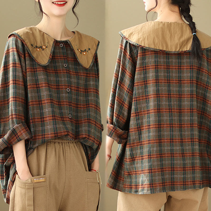 Embroidered Plaid Pattern Cotton Women's Shirt