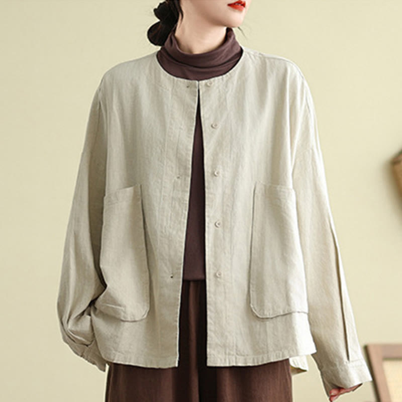 Plain Design Long Sleeve Women's Cotton Linen Jacket With Pockets
