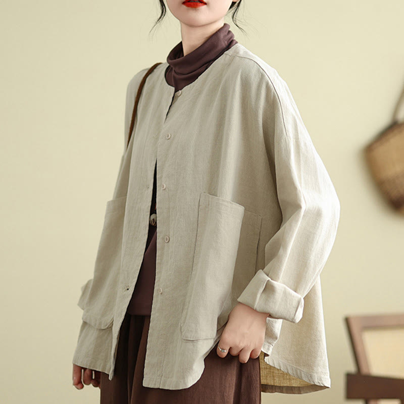 Plain Design Long Sleeve Women's Cotton Linen Jacket With Pockets