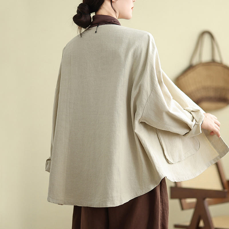 Plain Design Long Sleeve Women's Cotton Linen Jacket With Pockets