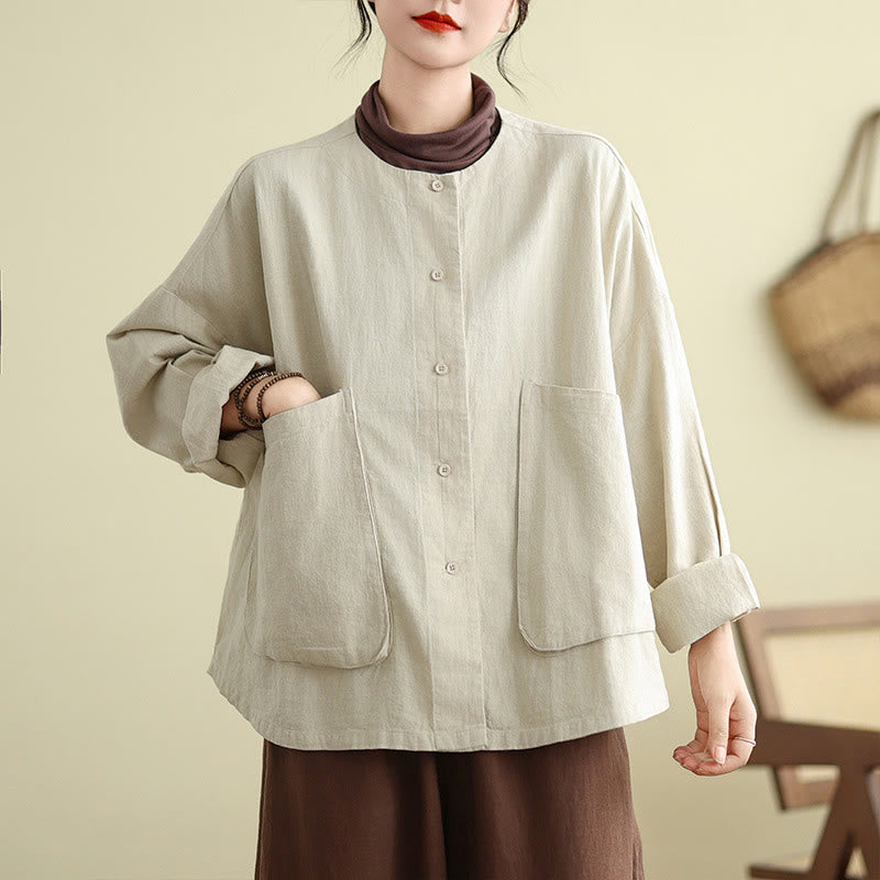 Plain Design Long Sleeve Women's Cotton Linen Jacket With Pockets