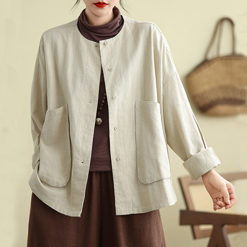Plain Design Long Sleeve Women's Cotton Linen Jacket With Pockets