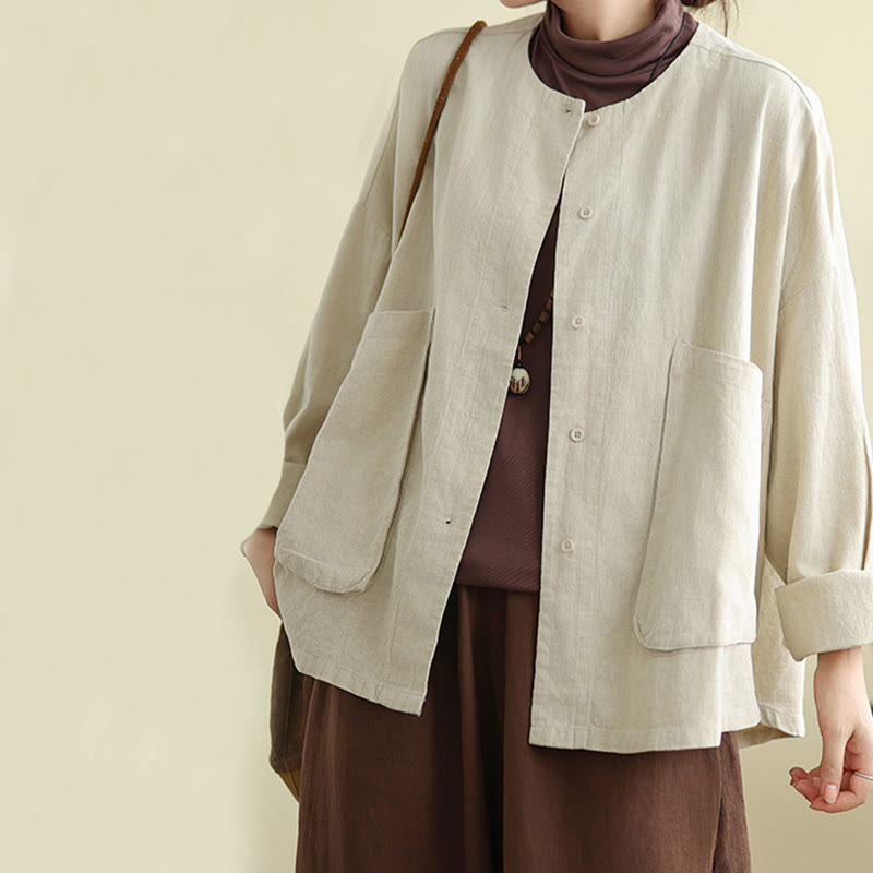 Plain Design Long Sleeve Women's Cotton Linen Jacket With Pockets