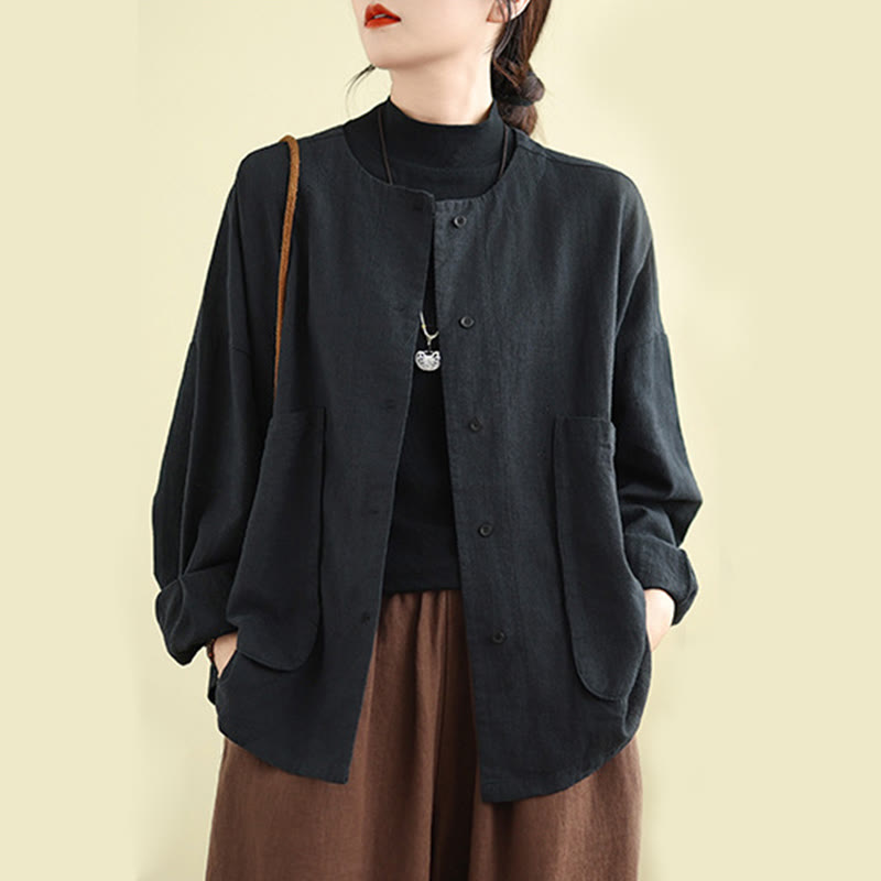 Plain Design Long Sleeve Women's Cotton Linen Jacket With Pockets
