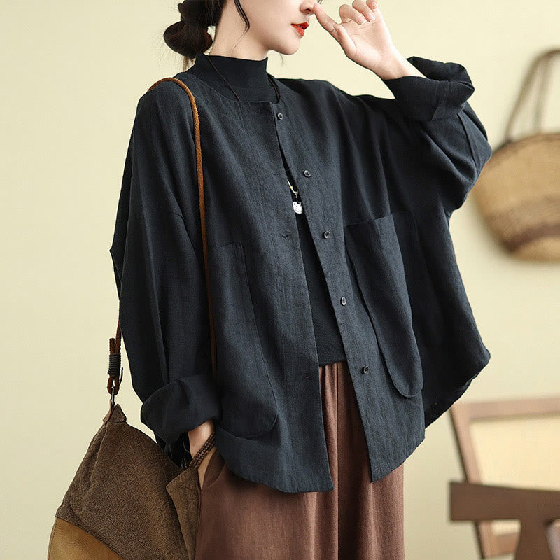 Plain Design Long Sleeve Women's Cotton Linen Jacket With Pockets