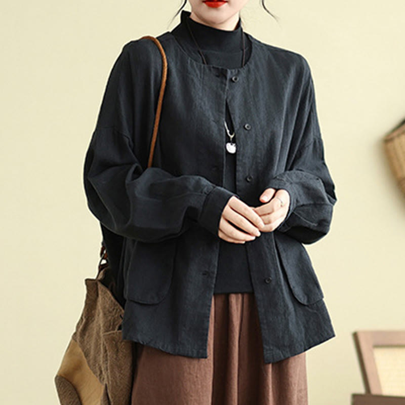 Plain Design Long Sleeve Women's Cotton Linen Jacket With Pockets