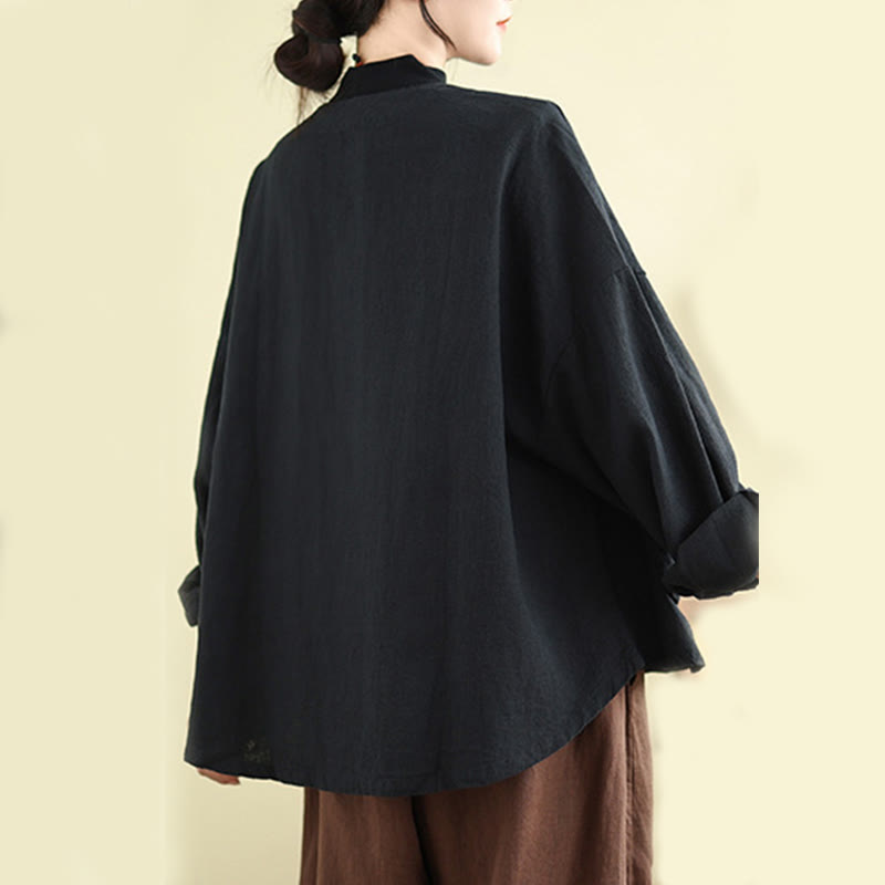Plain Design Long Sleeve Women's Cotton Linen Jacket With Pockets