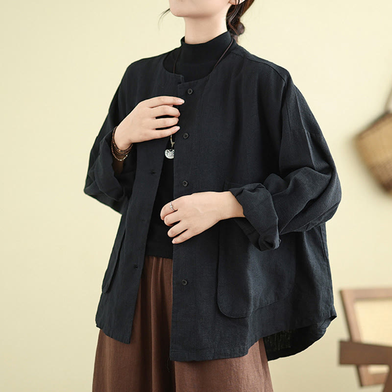 Plain Design Long Sleeve Women's Cotton Linen Jacket With Pockets