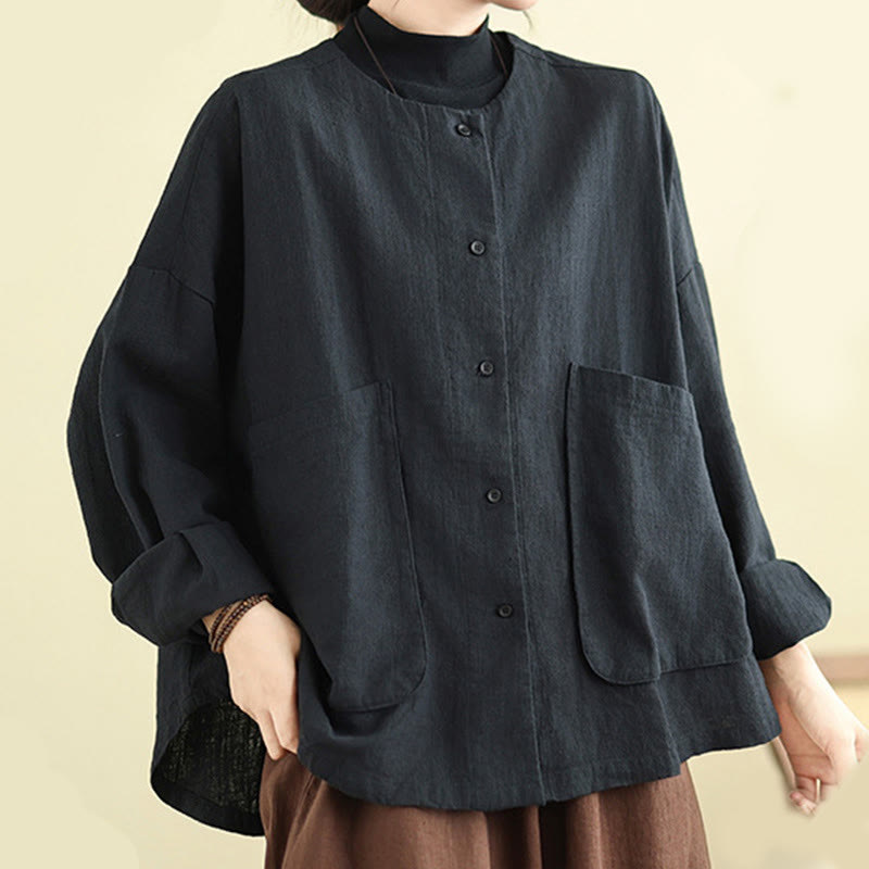 Plain Design Long Sleeve Women's Cotton Linen Jacket With Pockets