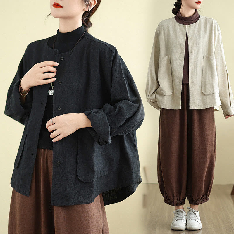 Plain Design Long Sleeve Women's Cotton Linen Jacket With Pockets