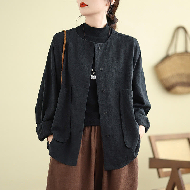 Plain Design Long Sleeve Women's Cotton Linen Jacket With Pockets