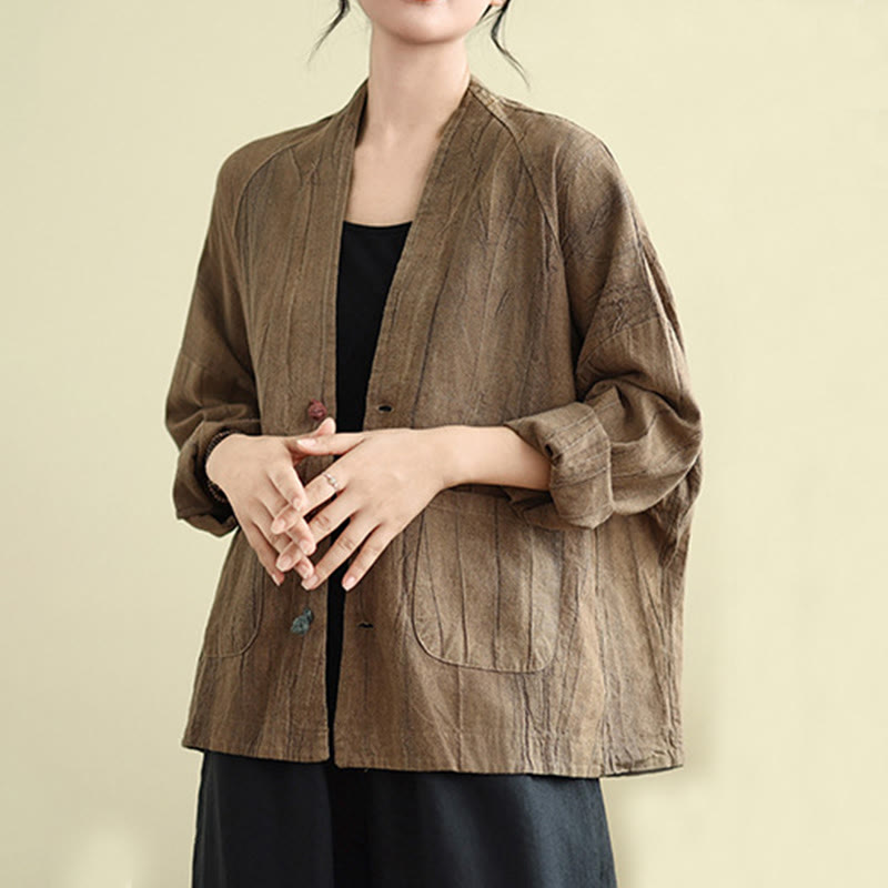 Plain Long Sleeve Women's Cotton Linen Jacket With Pockets