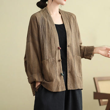 Plain Long Sleeve Women's Cotton Linen Jacket With Pockets