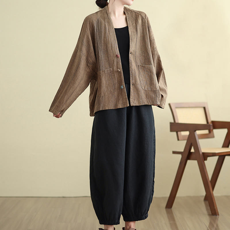 Plain Long Sleeve Women's Cotton Linen Jacket With Pockets