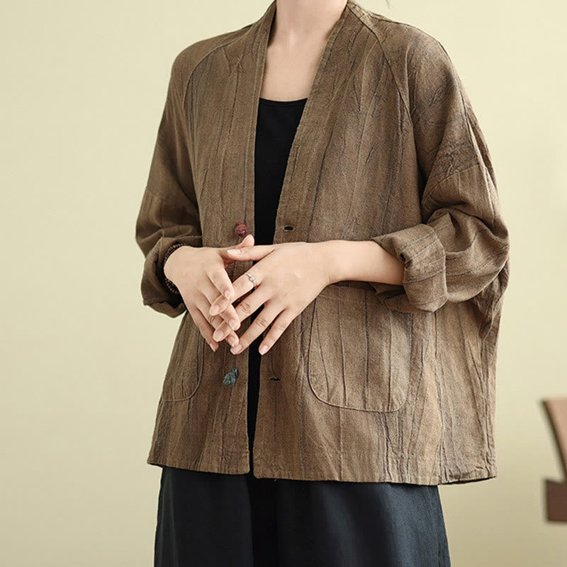Plain Long Sleeve Women's Cotton Linen Jacket With Pockets