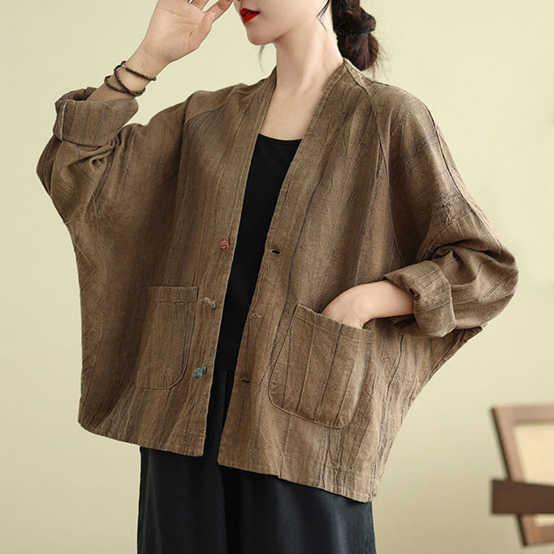 Plain Long Sleeve Women's Cotton Linen Jacket With Pockets