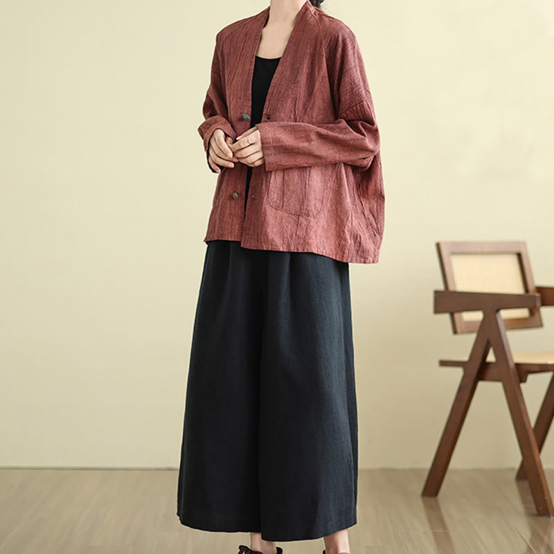 Plain Long Sleeve Women's Cotton Linen Jacket With Pockets