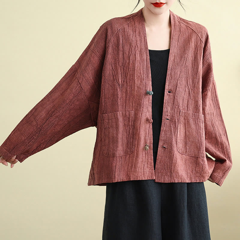 Plain Long Sleeve Women's Cotton Linen Jacket With Pockets