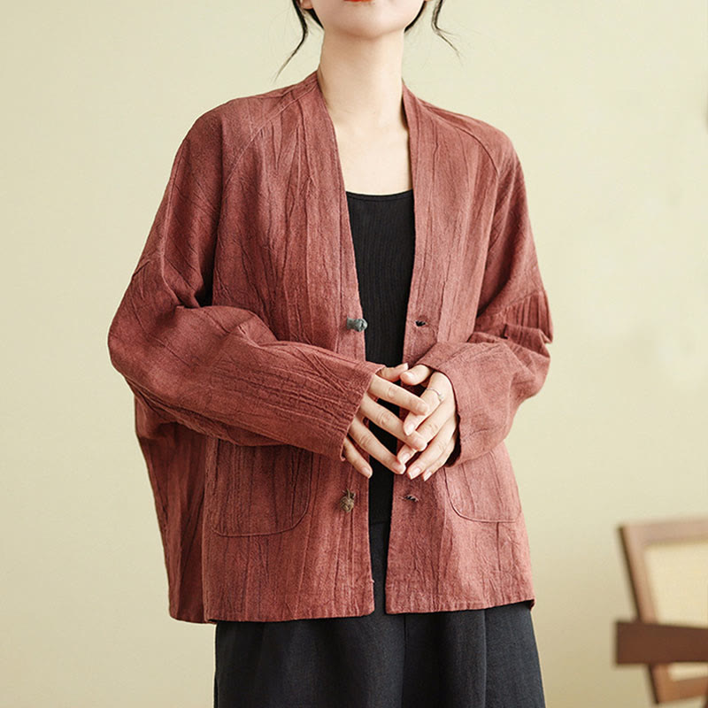 Plain Long Sleeve Women's Cotton Linen Jacket With Pockets