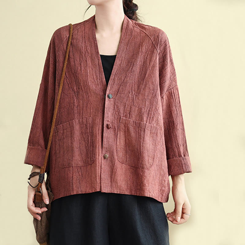 Plain Long Sleeve Women's Cotton Linen Jacket With Pockets