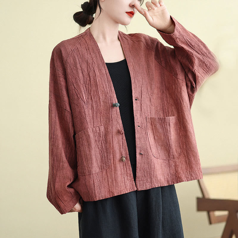 Plain Long Sleeve Women's Cotton Linen Jacket With Pockets