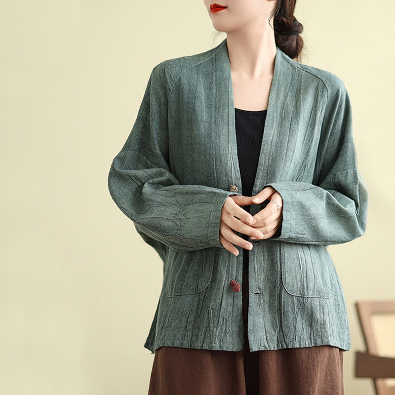 Plain Long Sleeve Women's Cotton Linen Jacket With Pockets
