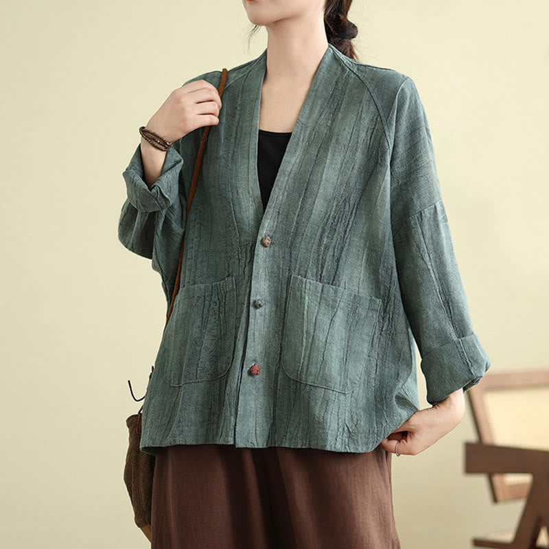 Plain Long Sleeve Women's Cotton Linen Jacket With Pockets