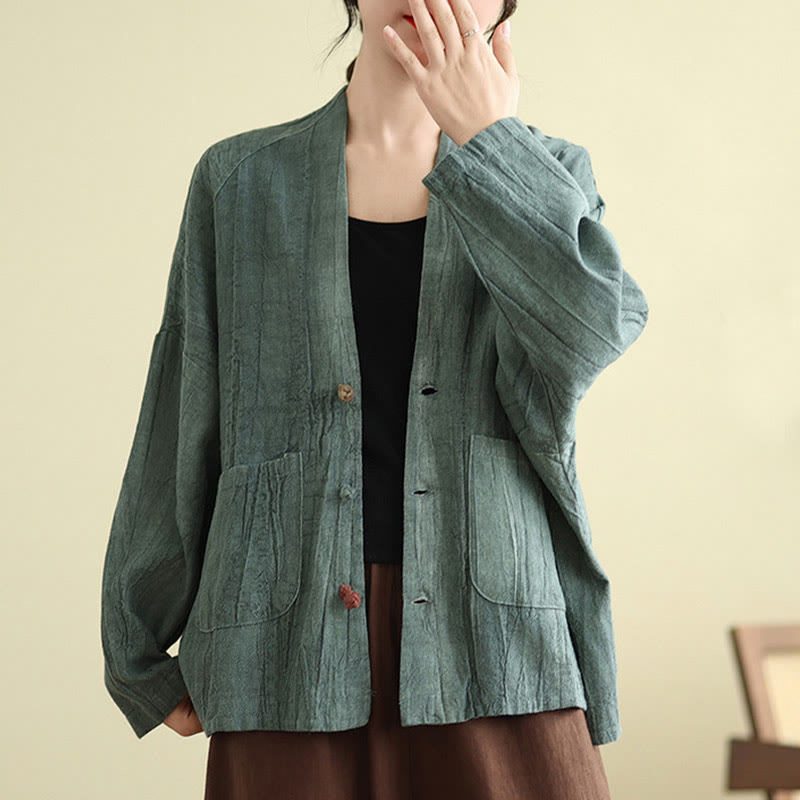 Plain Long Sleeve Women's Cotton Linen Jacket With Pockets