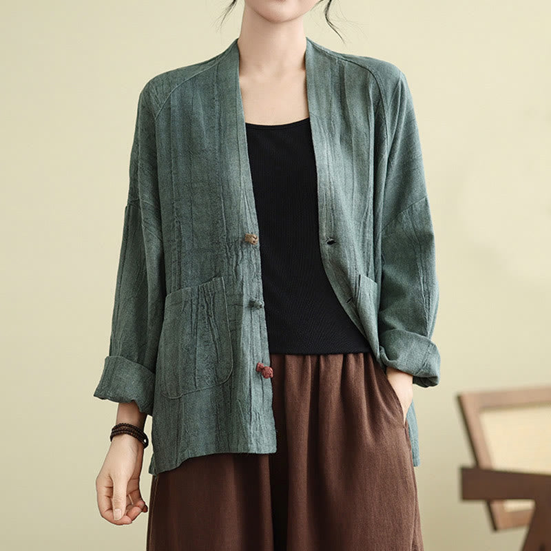 Plain Long Sleeve Women's Cotton Linen Jacket With Pockets