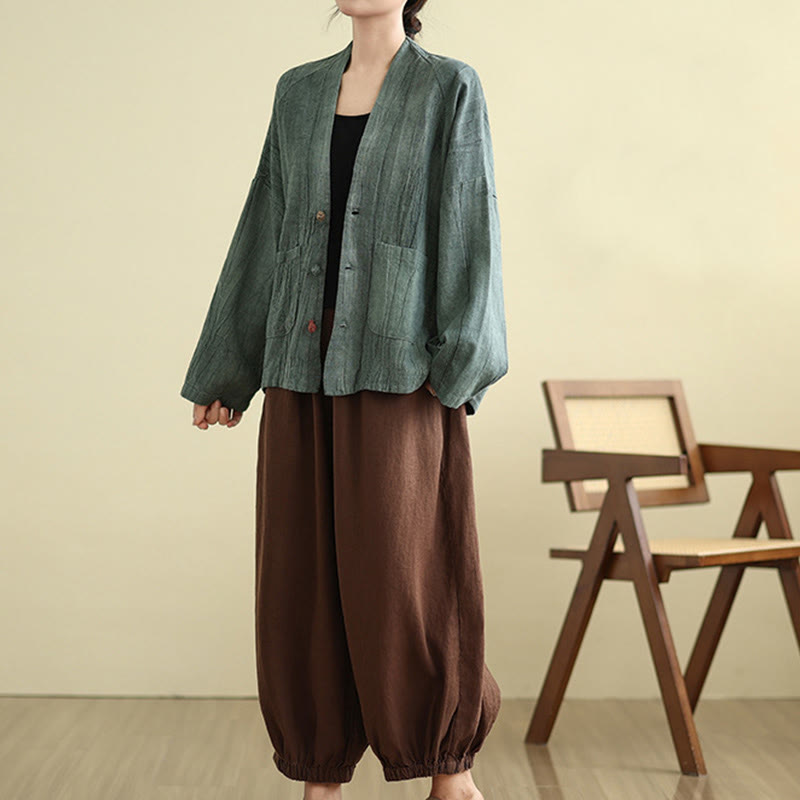 Plain Long Sleeve Women's Cotton Linen Jacket With Pockets