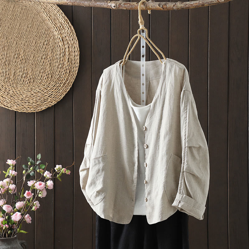 Pure Color V-neck Women's Cotton Jacket With Pockets