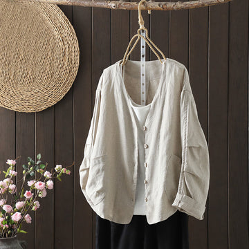Pure Color V-neck Women's Cotton Jacket With Pockets