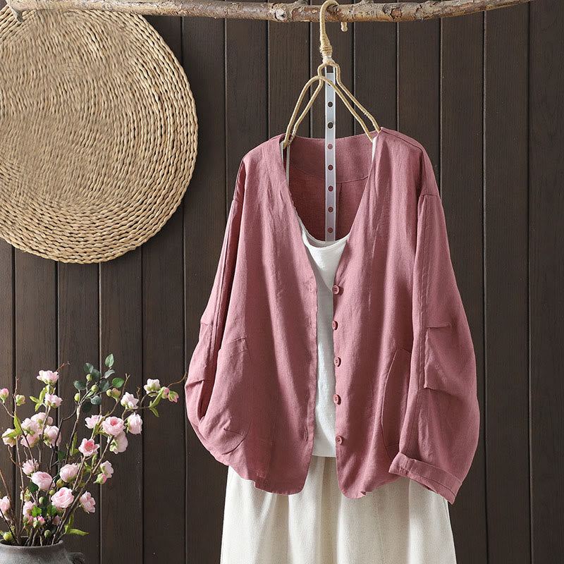 Pure Color V-neck Women's Cotton Jacket With Pockets