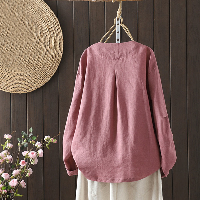 Pure Color V-neck Women's Cotton Jacket With Pockets