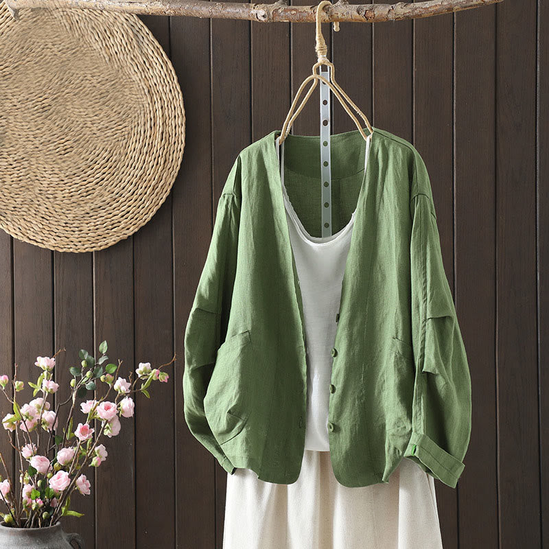 Pure Color V-neck Women's Cotton Jacket With Pockets