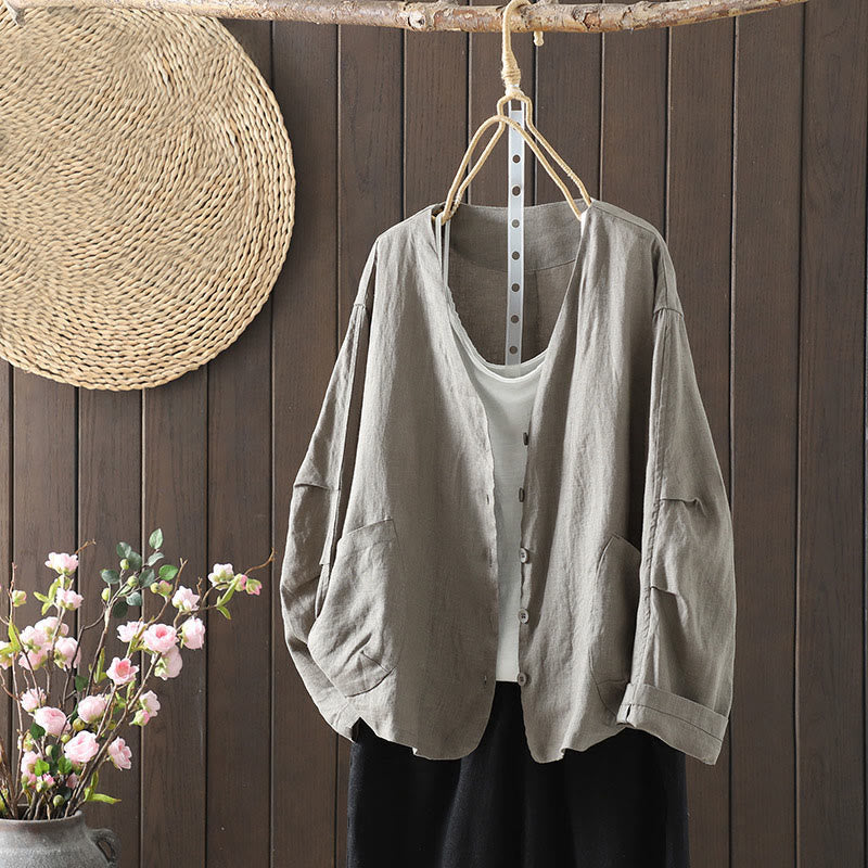 Pure Color V-neck Women's Cotton Jacket With Pockets