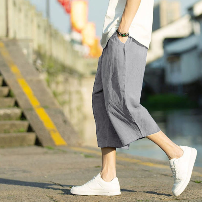 Breathable Cotton Linen Crop Straight-Leg Meditation Pants